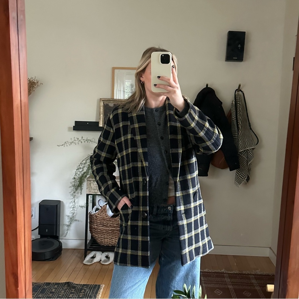 Derek Lam 10 Crosby Plaid Cocoon Coat Women's 4 Navy and Yellow Wool Blend Lined